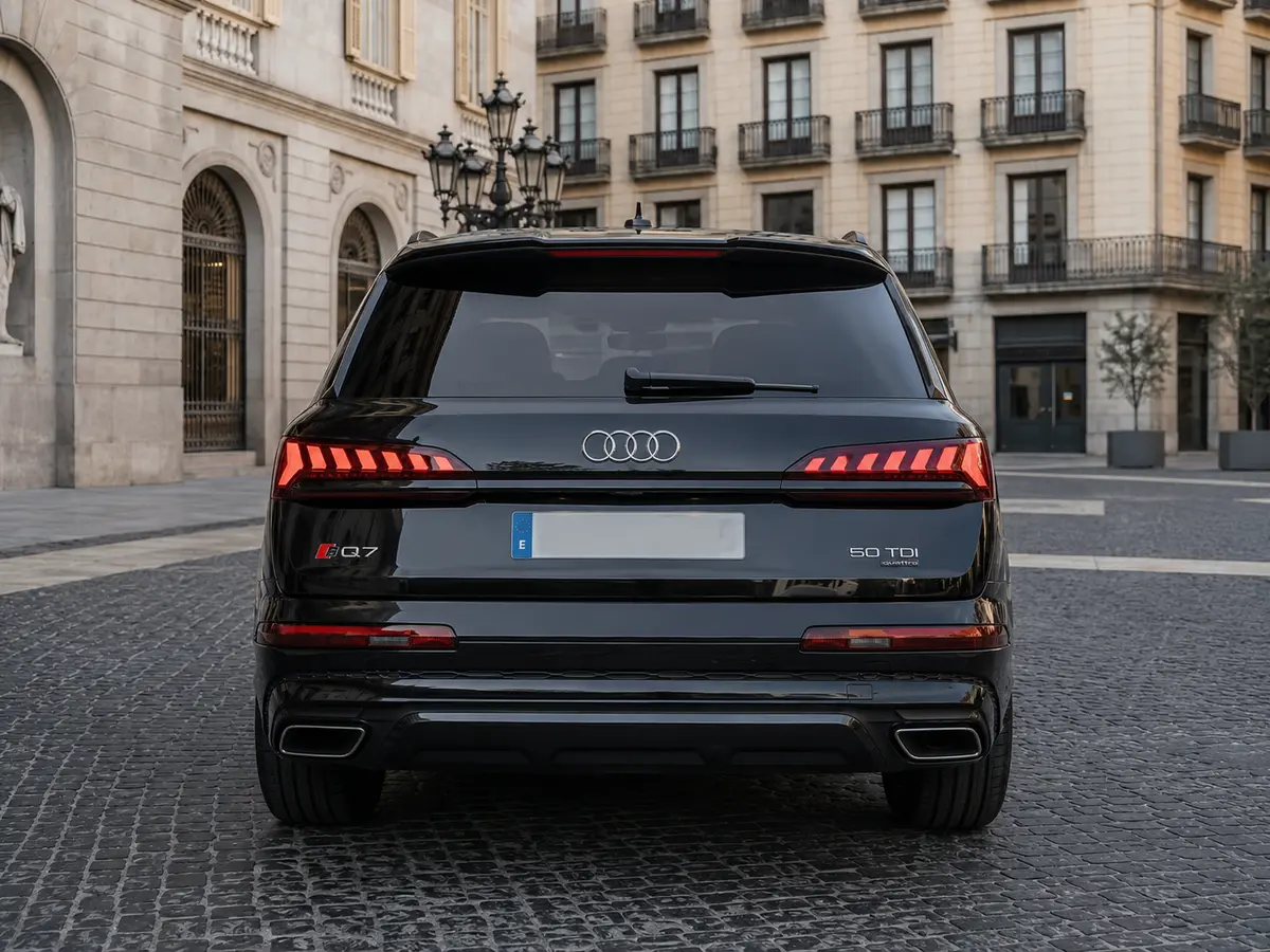 Audi Q7 50 TDI S-Line Edition 2025, Heckansicht — Munich Luxury Cars, München. Der Audi Q7 50 TDI S-Line Edition (Modelljahr 2025) verbindet die Aufbauhöhe und den…