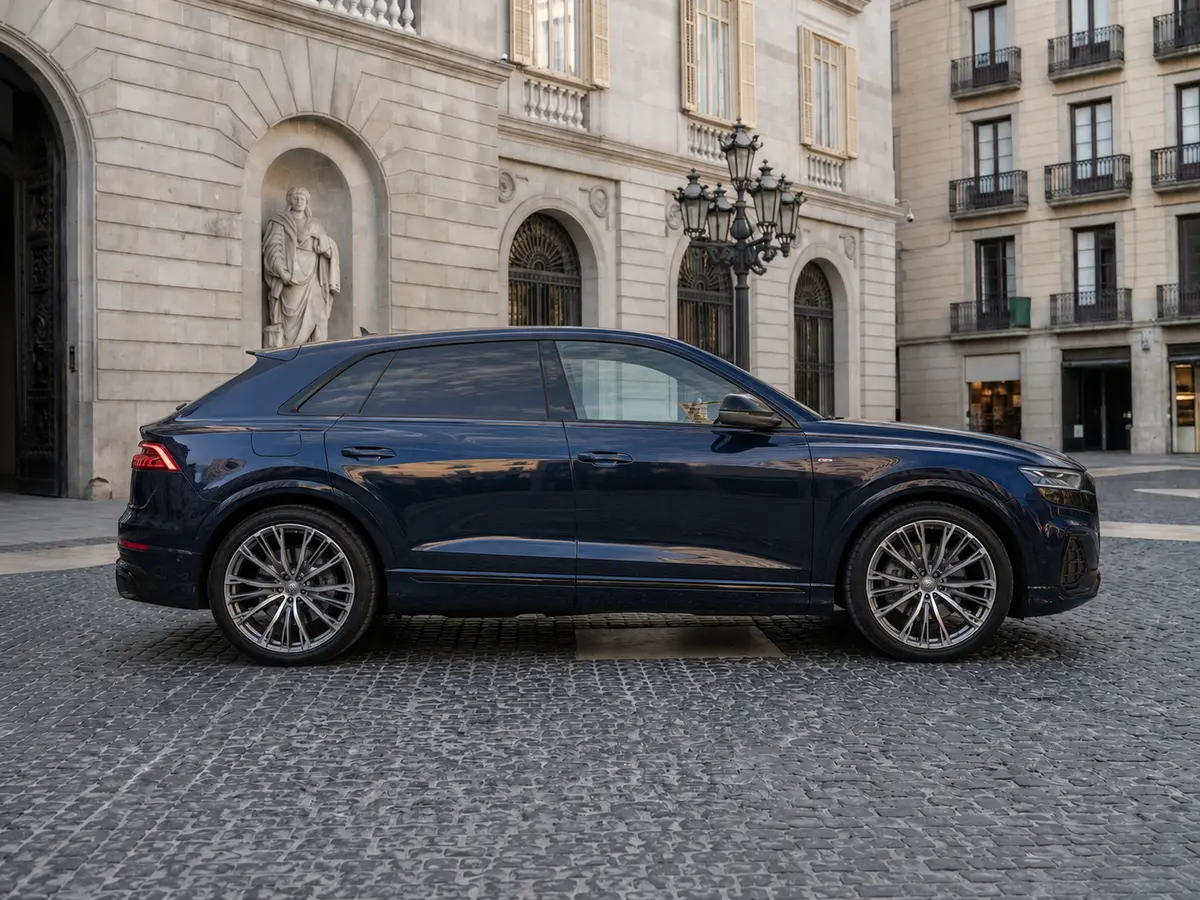 Audi Q8 55 TFSI 2022, Frontansicht — Munich Luxury Cars, München. Der Audi Q8 55 TFSI, Baujahr 2022, ist ein SUV mit 340 PS und fünf Sitzplätzen – ruhig im…