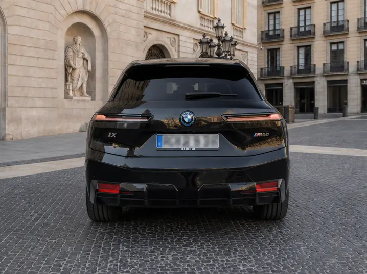 BMW IX M60 2023, Heckansicht — Munich Luxury Cars, München. Der BMW iX M60 verbindet die Größe eines vollwertigen SUV mit einem rein elektrischen…