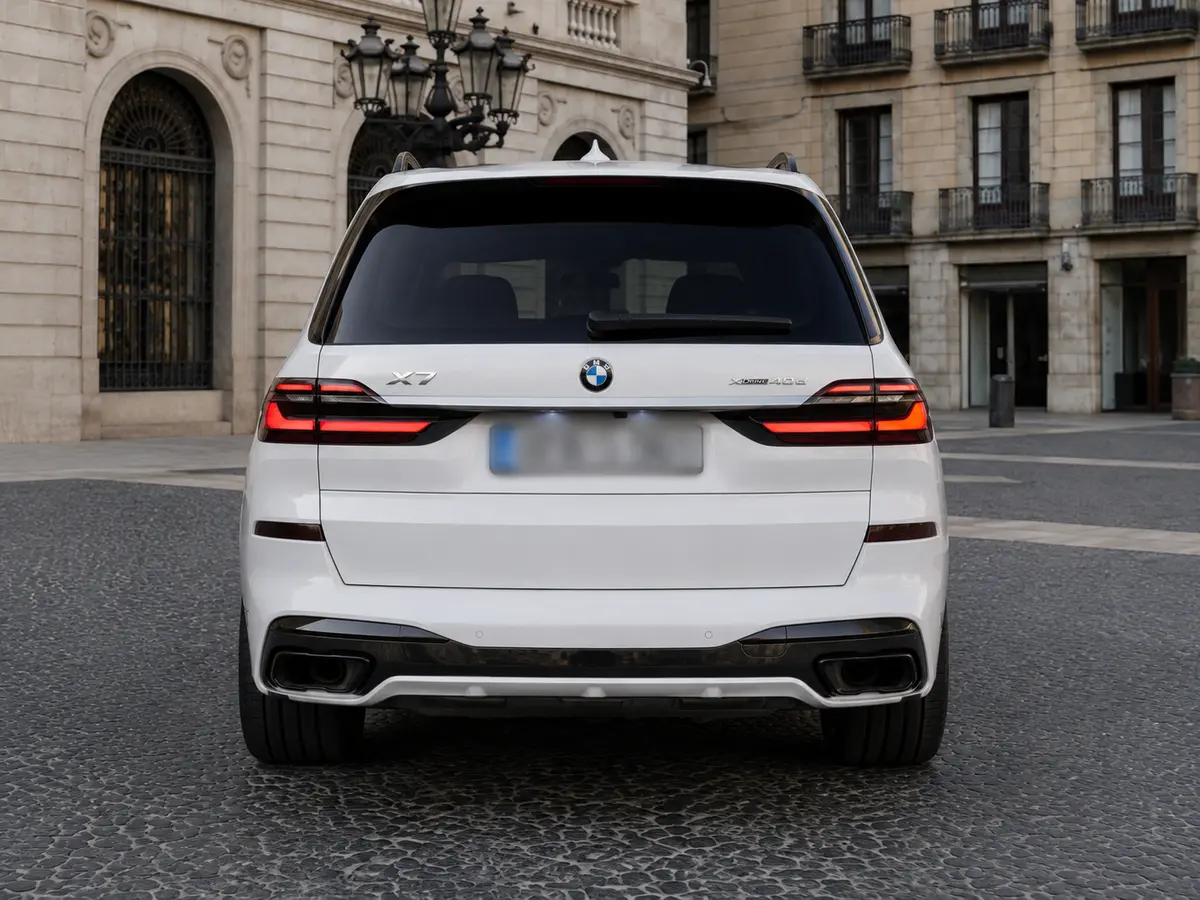 BMW X7 40d M 2024, Heckansicht — Munich Luxury Cars, München. Der BMW X7 40d M ist als Siebensitzer konzipiert, mit 352 PS aus dem Dieselantrieb und…
