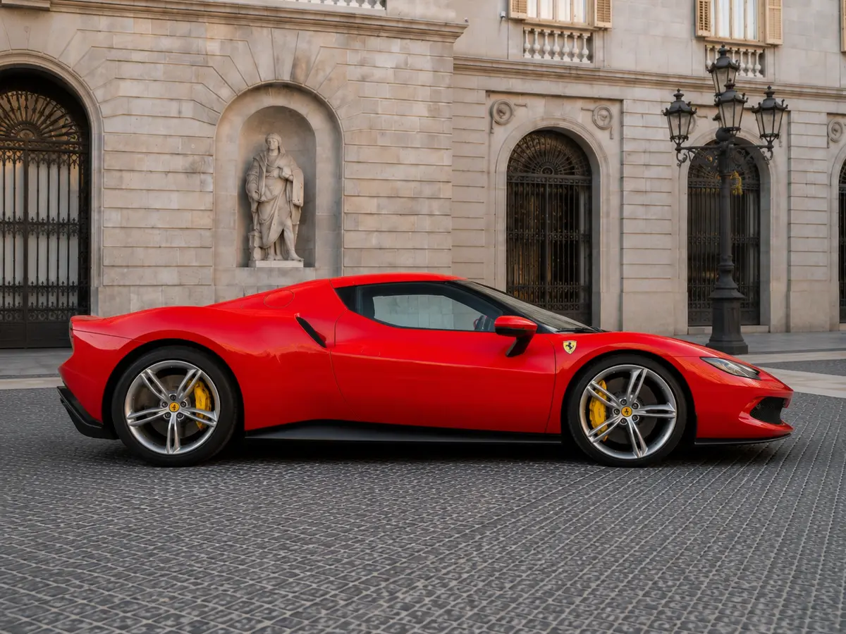 Ferrari 296 GTB 2023, Heckansicht — Munich Luxury Cars, München. Der Ferrari 296 GTB verbindet einen V6 mit Elektrounterstützung zu einer Systemleistung…
