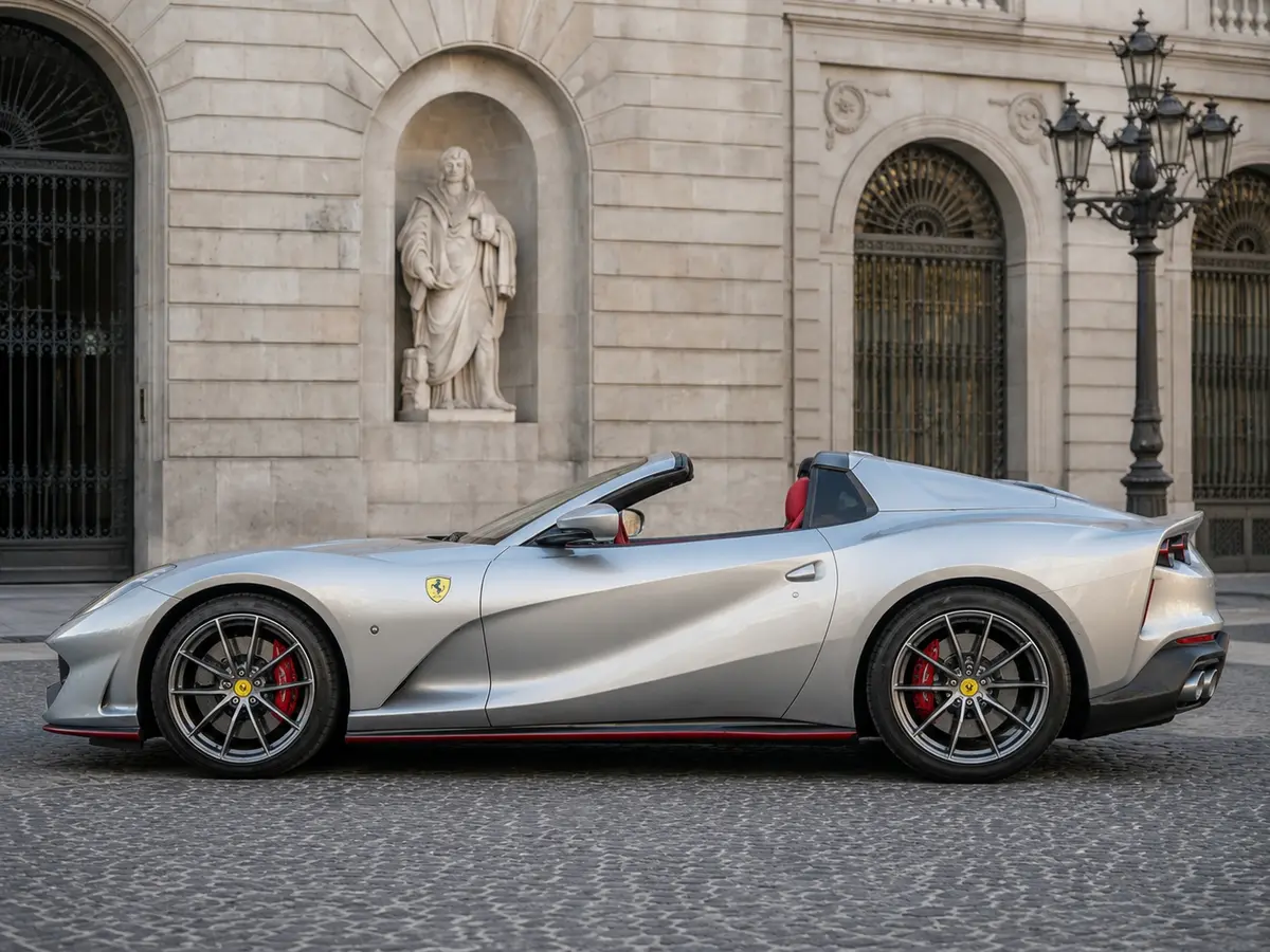 Ferrari 812 GTS 2024, Außenansicht — Munich Luxury Cars, München. Der Ferrari 812 GTS verbindet einen Zwölfzylinder-Frontmotor mit offener Karosserie und…