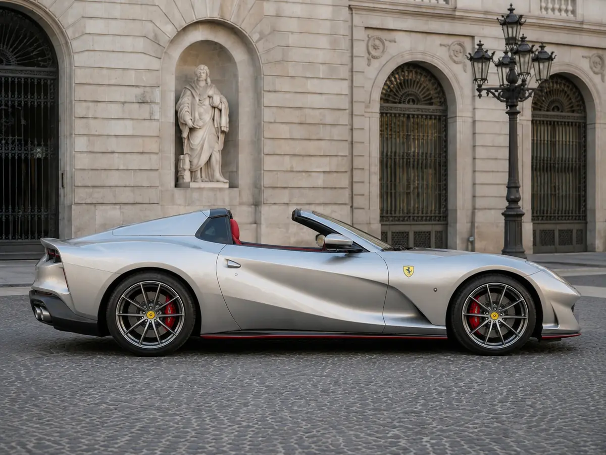 Ferrari 812 GTS 2024, Frontansicht — Munich Luxury Cars, München. Der Ferrari 812 GTS verbindet einen Zwölfzylinder-Frontmotor mit offener Karosserie und…