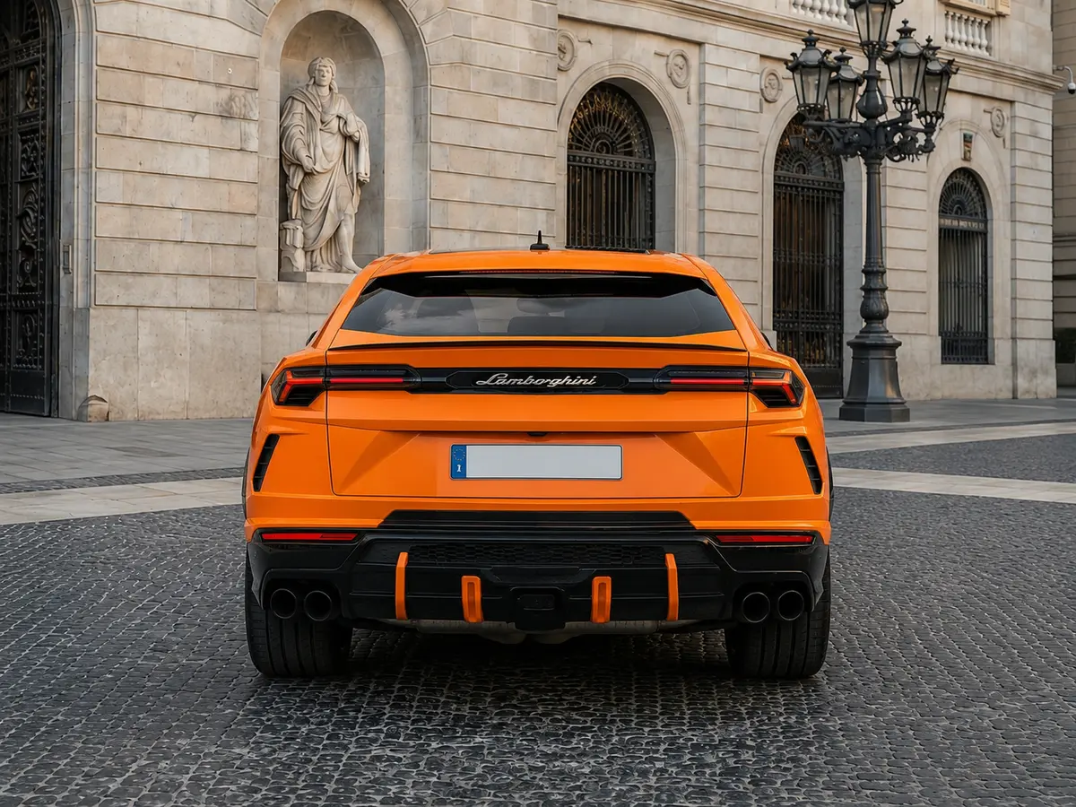 Lamborghini Urus S 2024, Heckansicht — Munich Luxury Cars, München. Der Lamborghini Urus S ist ein SUV, das die Fahrdynamik eines Sportwagens mit der…