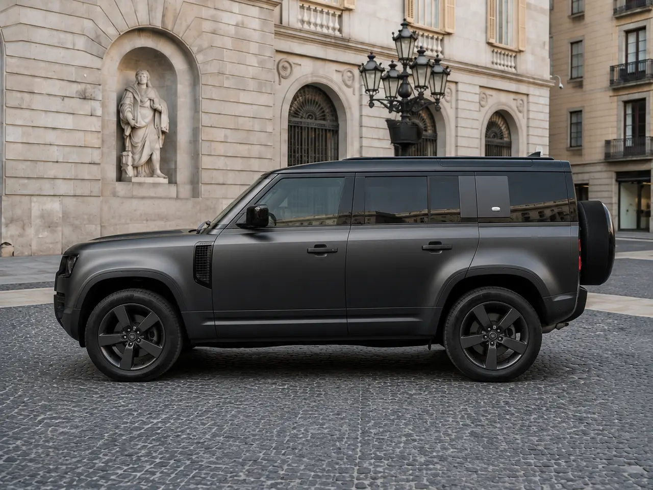 Land Rover Defender 2024, Außenansicht — Munich Luxury Cars, München. Der Land Rover Defender aus dem Modelljahr 2024 ist als Siebensitzer ausgelegt und damit…