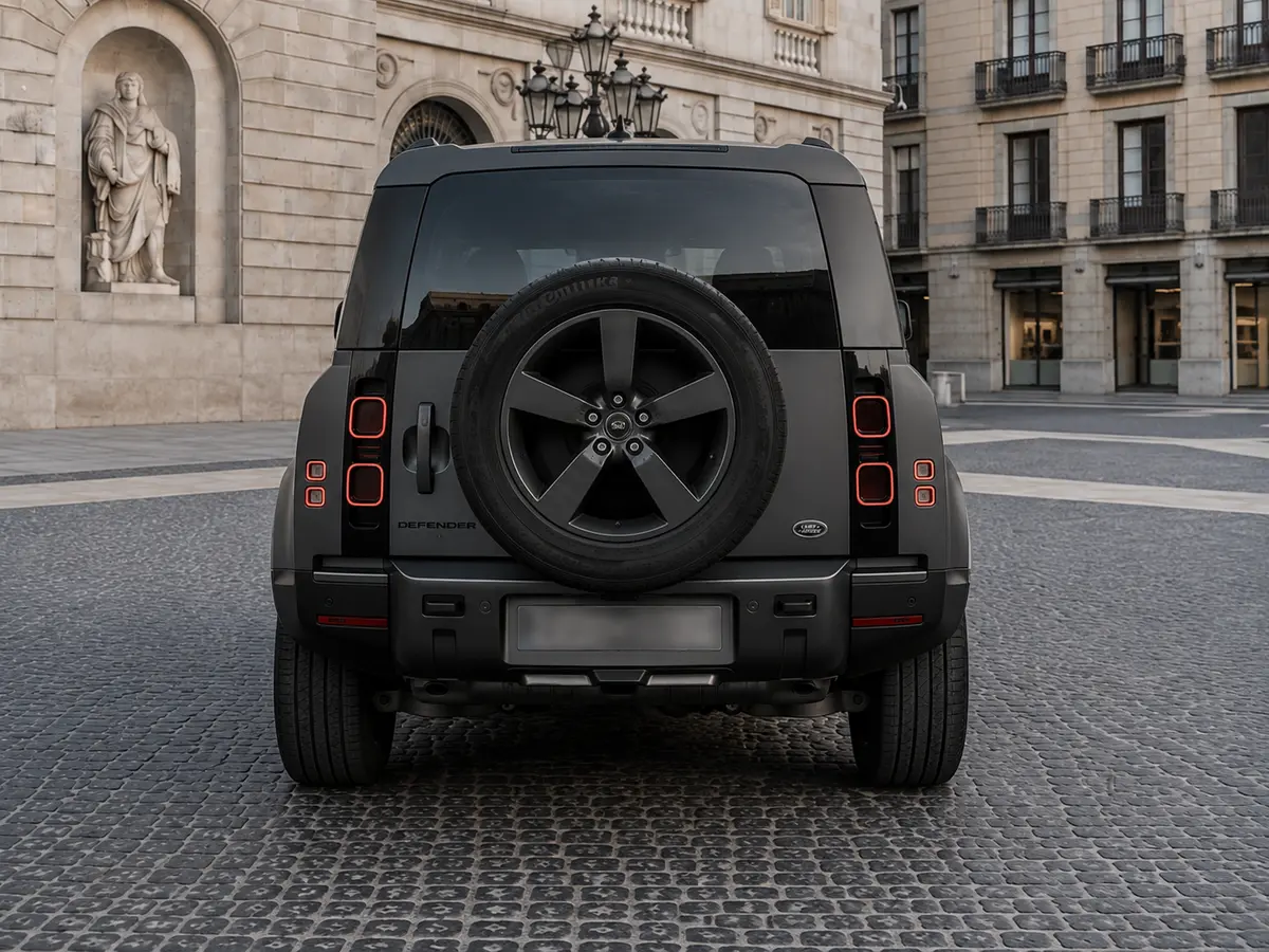 Land Rover Defender 2024, Heckansicht — Munich Luxury Cars, München. Der Land Rover Defender aus dem Modelljahr 2024 ist als Siebensitzer ausgelegt und damit…