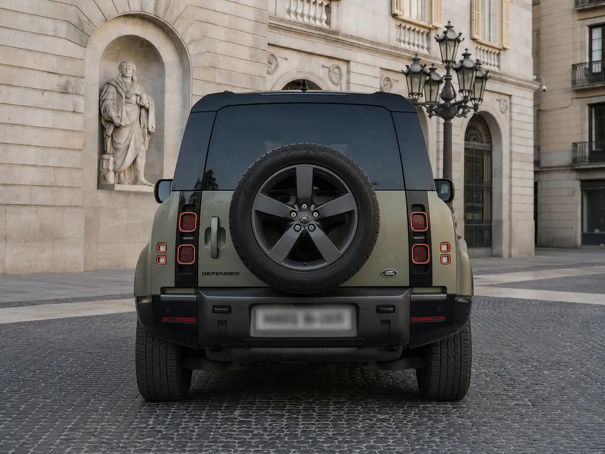 Land Rover Defender X-Dynamic 7 seater 2024, Heckansicht — Munich Luxury Cars, München. Der Land Rover Defender X-Dynamic in der Sieben-Sitzer-Version verbindet die kantige,…
