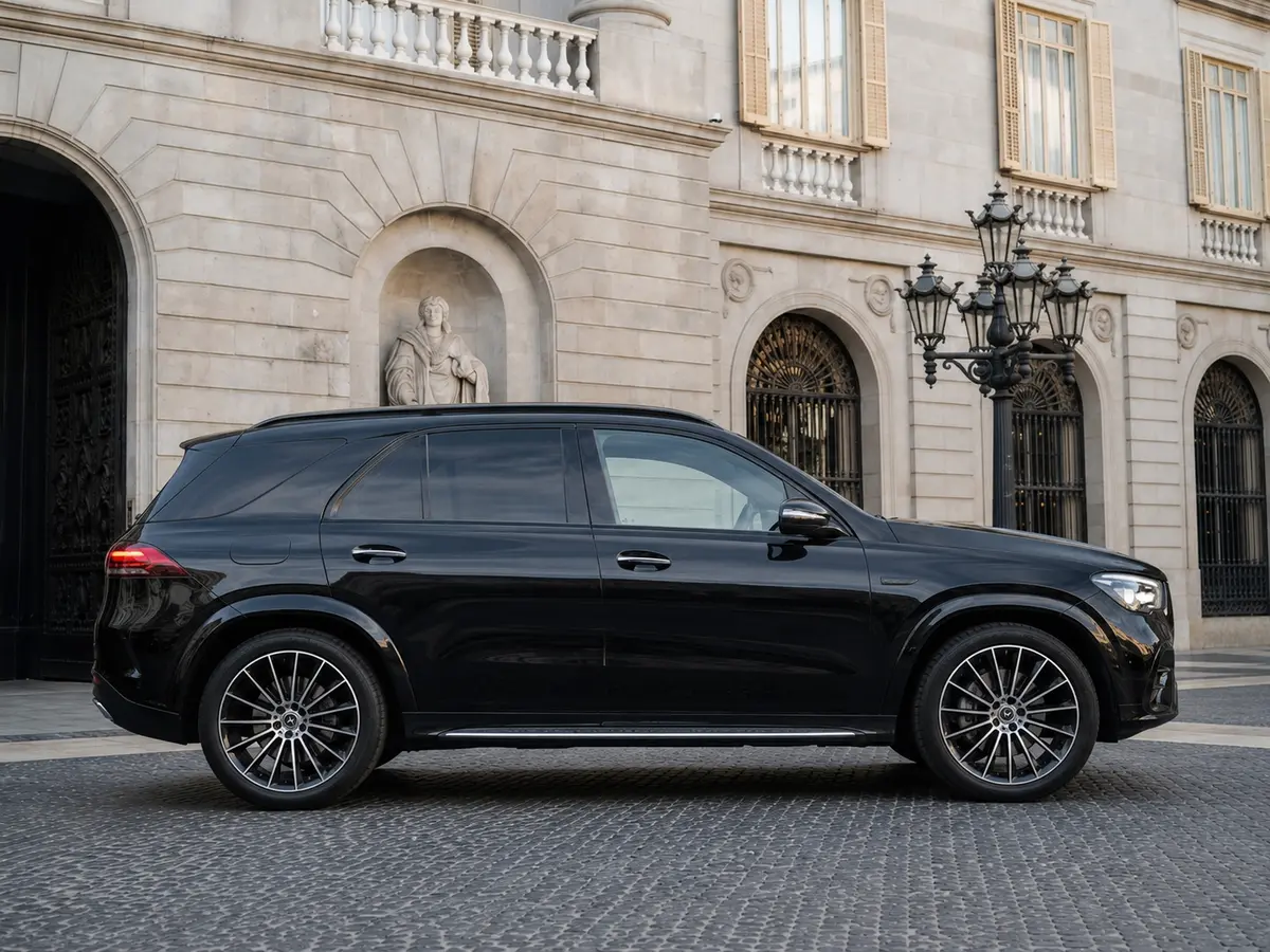 Mercedes Benz GLE 450 AMG 2024, Frontansicht — Munich Luxury Cars, München. Der Mercedes-Benz GLE 450 AMG, Baujahr 2024, ist ein großes SUV mit 367 PS – genug Kraft…