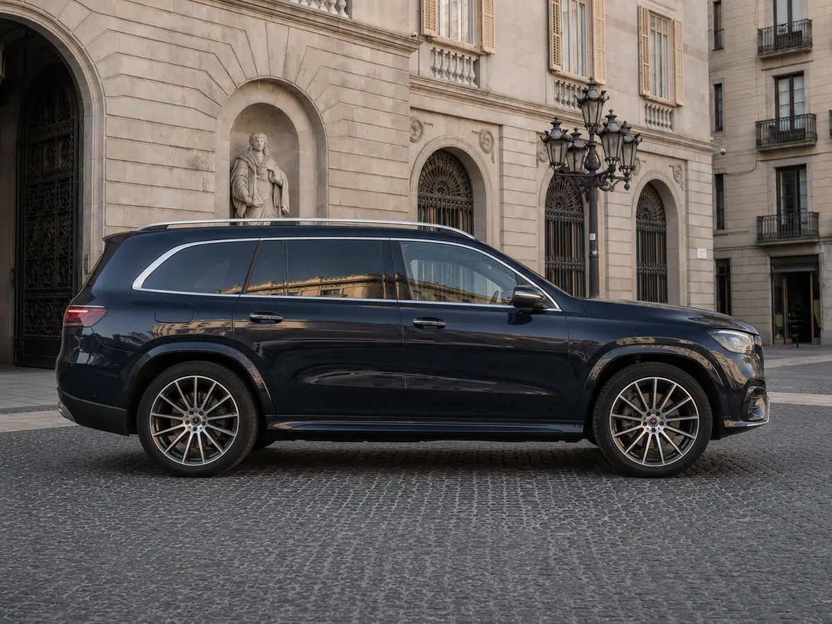 Mercedes Benz GLS-klasse 350 D Exclusive 7 Posti 2025, Frontansicht — Munich Luxury Cars, München. Der Mercedes-Benz GLS 350 d Exclusive mit sieben Sitzen verbindet die Ruhe eines großen…