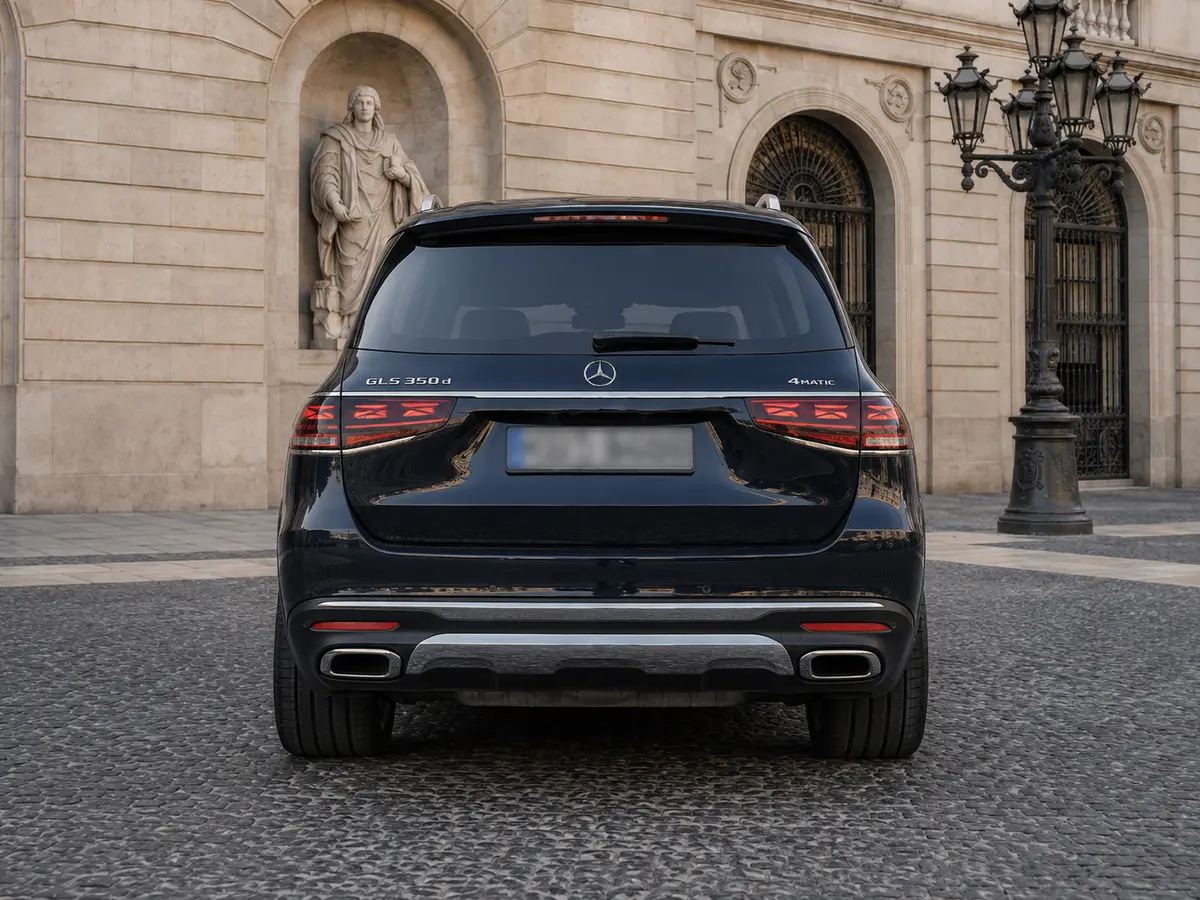 Mercedes Benz GLS-klasse 350 D Exclusive 7 Posti 2025, Heckansicht — Munich Luxury Cars, München. Der Mercedes-Benz GLS 350 d Exclusive mit sieben Sitzen verbindet die Ruhe eines großen…