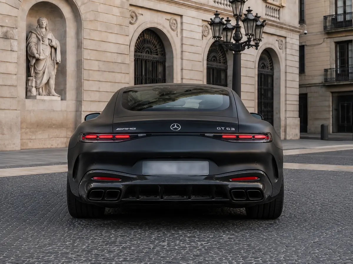 Mercedes Benz GT63 AMG Coupe 2024, вид сзади — Munich Luxury Cars, Мюнхен. Mercedes-Benz GT63 AMG Coupe 2024 года — двухместный спорткар с отдачей двигателя в 577…