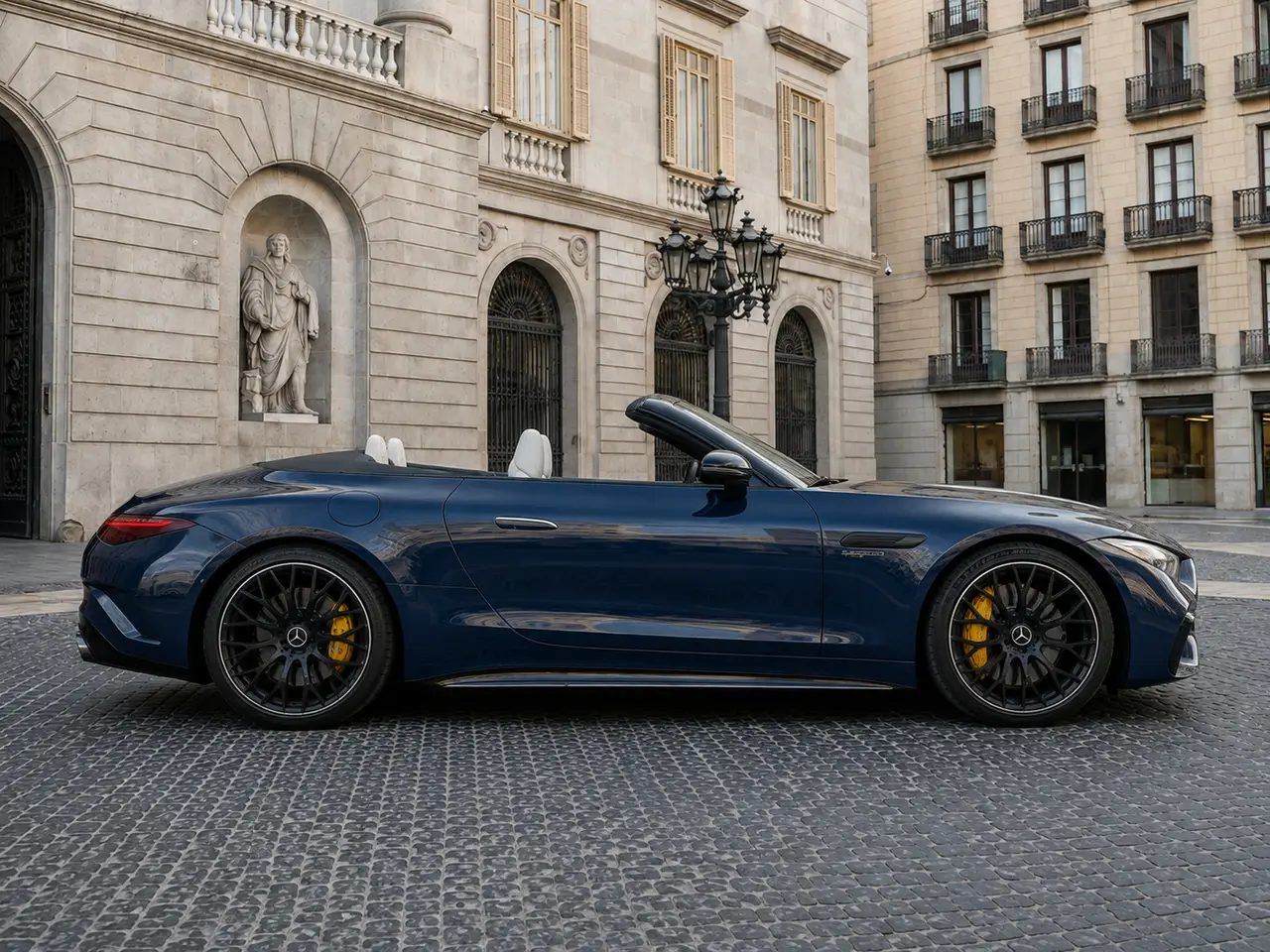 Mercedes Benz SL 63 AMG 2025, Frontansicht — Munich Luxury Cars, München. Der Mercedes-Benz SL 63 AMG, Baujahr 2025, verbindet die klassische Silhouette des SL mit…