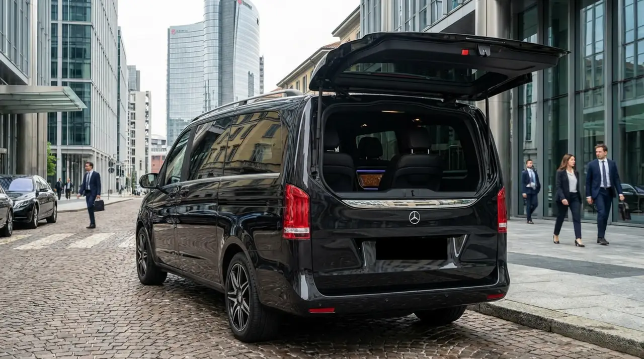 Mercedes V Class 2026, Heckansicht — Munich Luxury Cars, München. Die Mercedes-Benz V-Klasse (2026) ist in unserer Flotte kein Fahrzeug für Fahrspaß im…