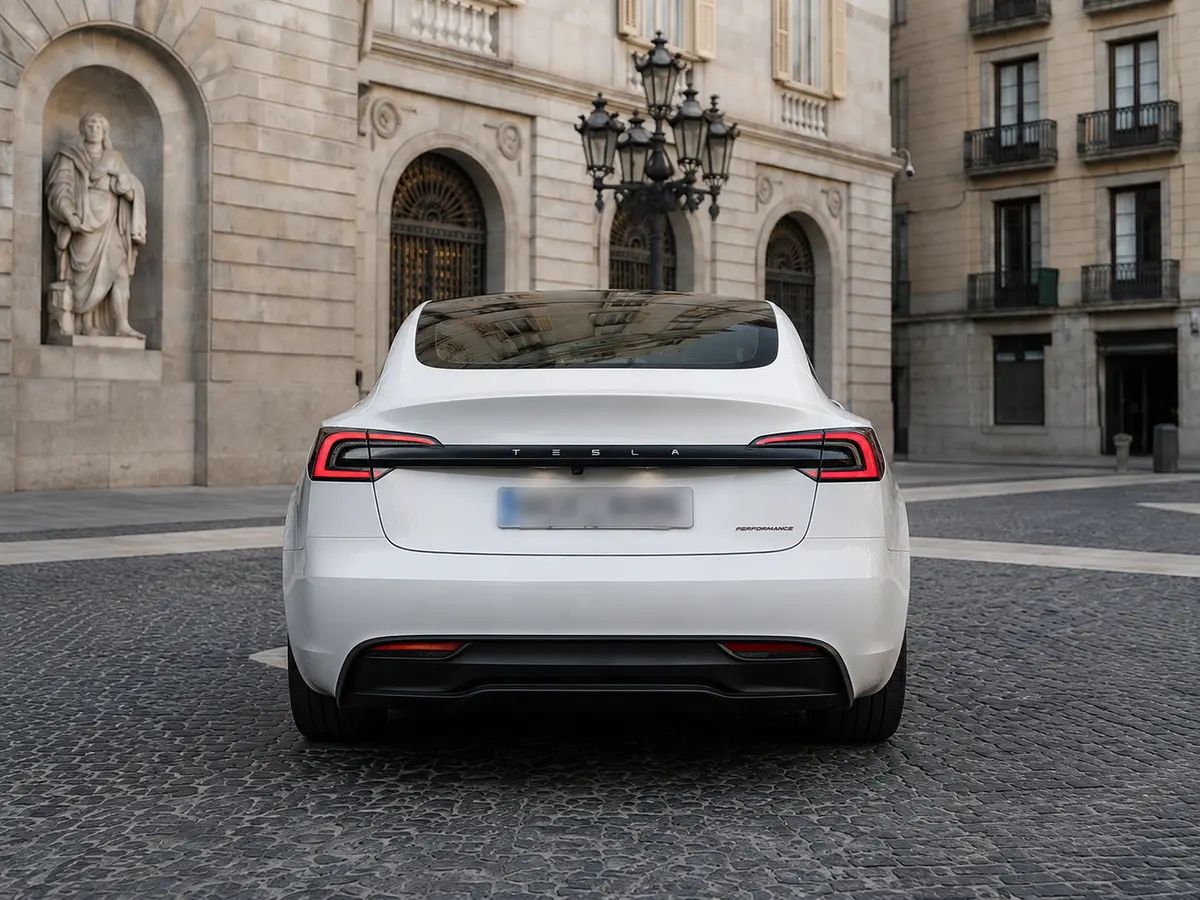 Tesla Model 3 Performance 2026, rear view — Munich Luxury Cars, Munich. The 2026 Tesla Model 3 Performance is the quickest-witted car in daily traffic without…